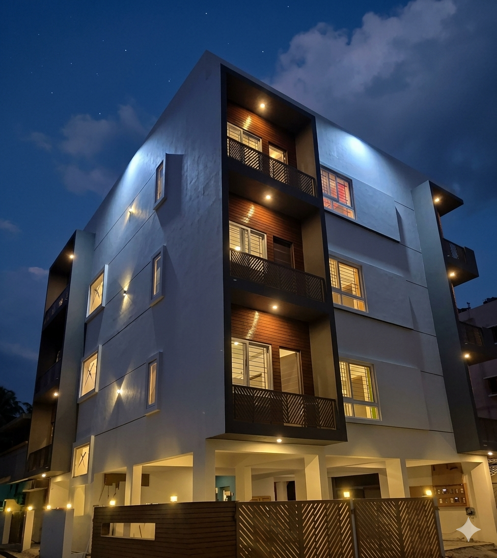 Lakshmi Apartments Cumbum lit at night