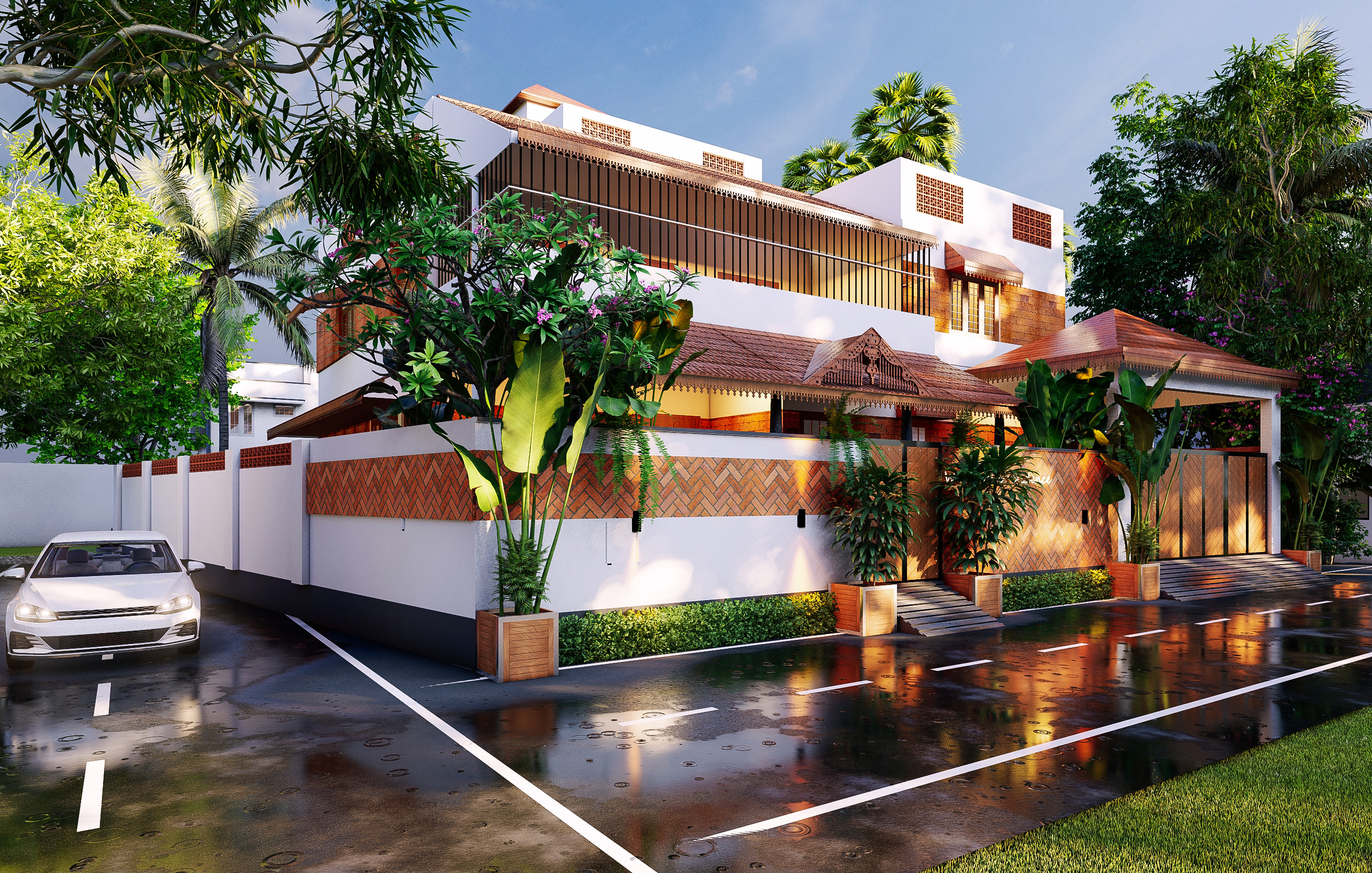 Angled render of the Tenkasi courtyard house